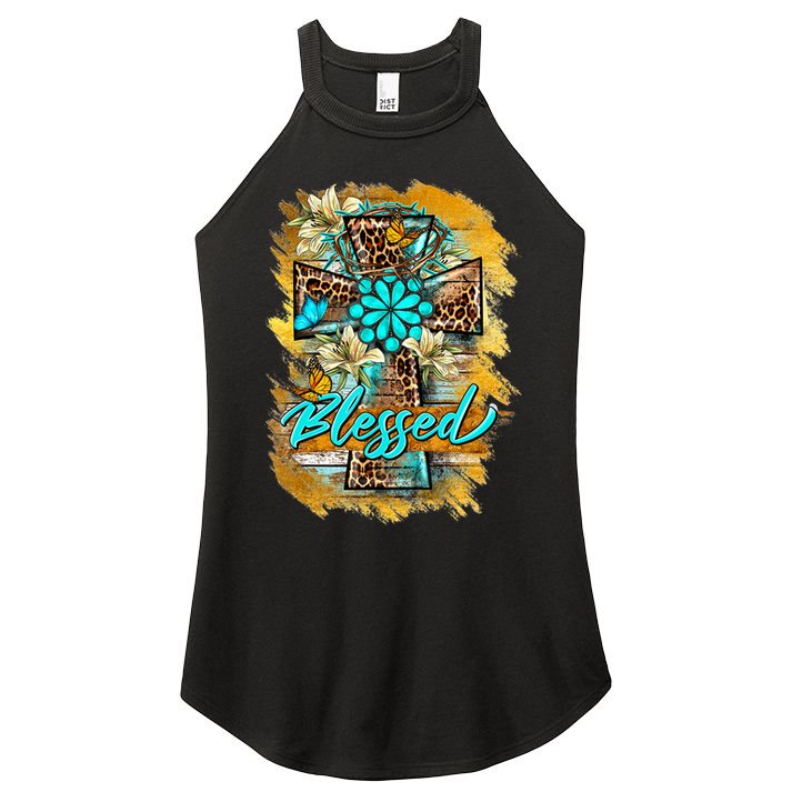Western Sunflowers Leopard Cross Blessed Jesus Christian Women's Perfect Tri Rocker Tank