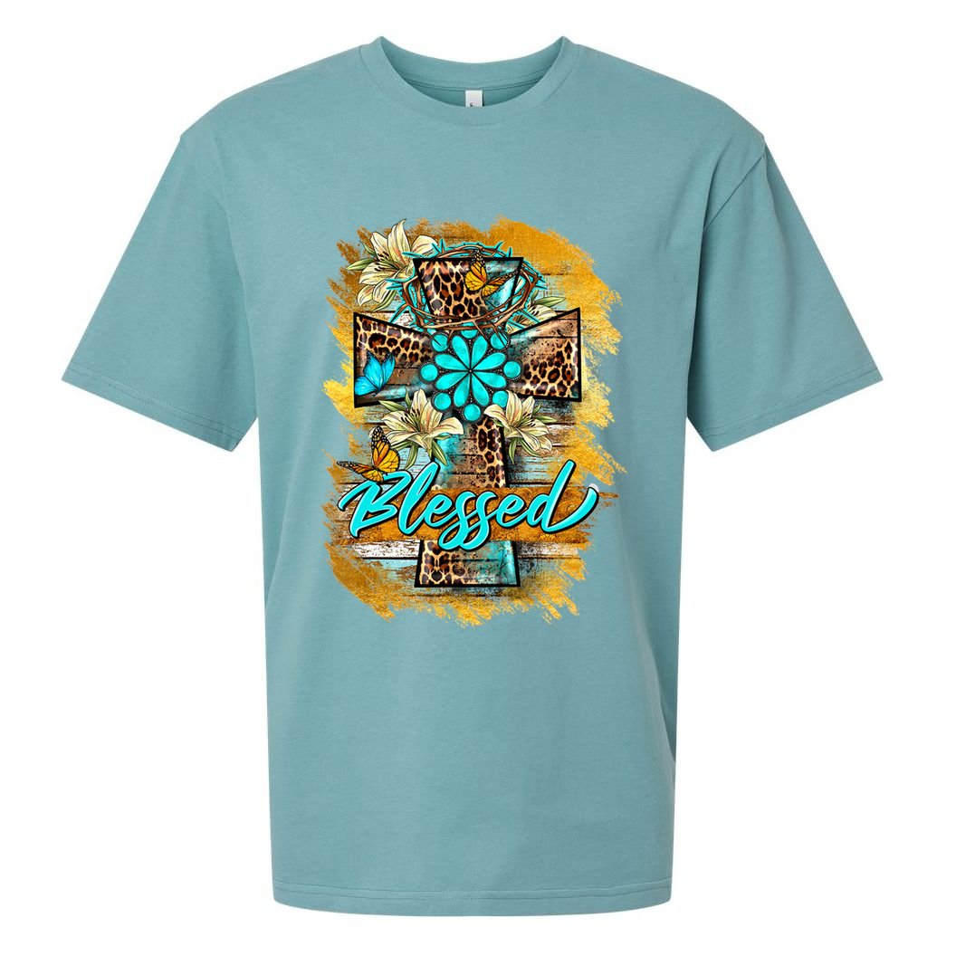 Western Sunflowers Leopard Cross Blessed Jesus Christian Sueded Cloud Jersey T-Shirt