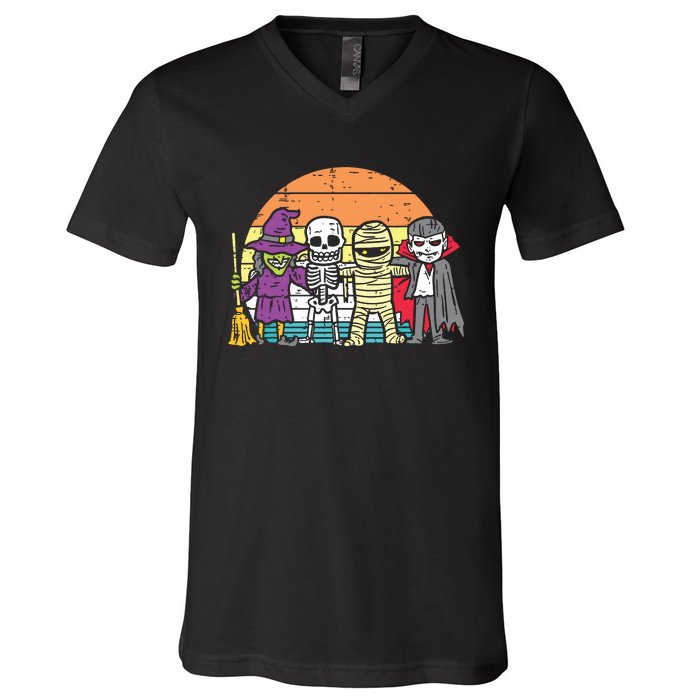 Witch Skeleton Mummy Vampire Retro Halloween V-Neck T-Shirt