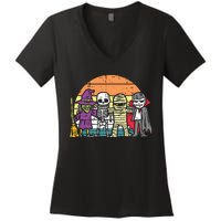 Witch Skeleton Mummy Vampire Retro Halloween Women's V-Neck T-Shirt