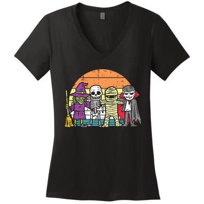 Witch Skeleton Mummy Vampire Retro Halloween Women's V-Neck T-Shirt