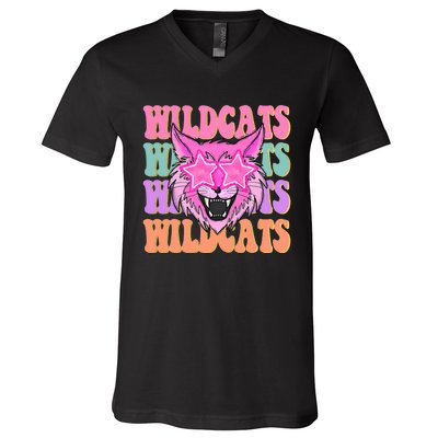 Wildcats School Mascot V-Neck T-Shirt