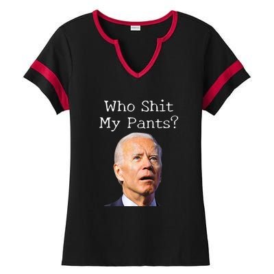 Who Shit My Pants Funny Anti Joe Biden Ladies Halftime Notch Neck Tee