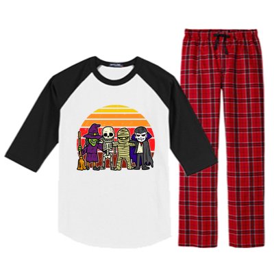 Witch Skeleton Mummy Vampire Retro Halloween Gift Raglan Sleeve Pajama Set