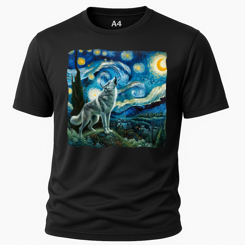 Wolf Starry Night Howling Moon Funny Gifts Van Gogh Cooling Performance Crew T-Shirt