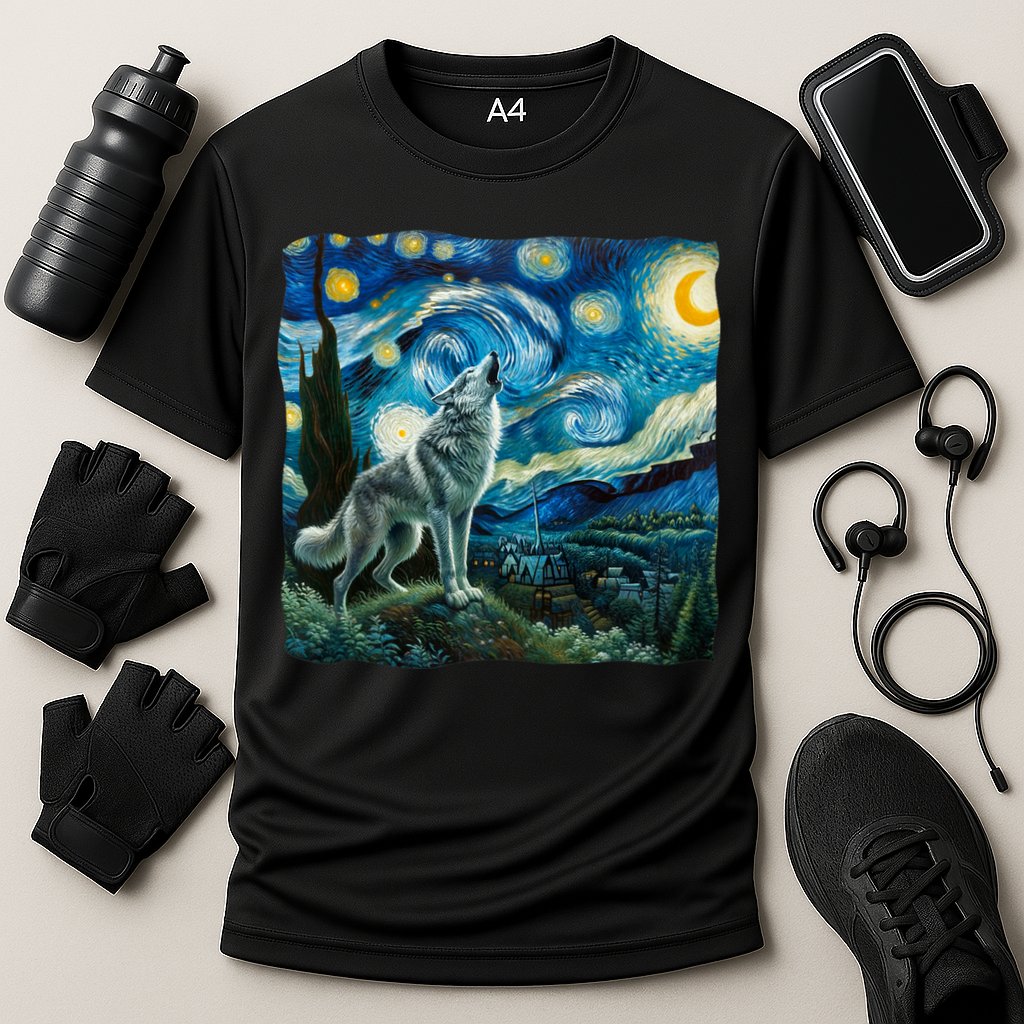Wolf Starry Night Howling Moon Funny Gifts Van Gogh Cooling Performance Crew T-Shirt