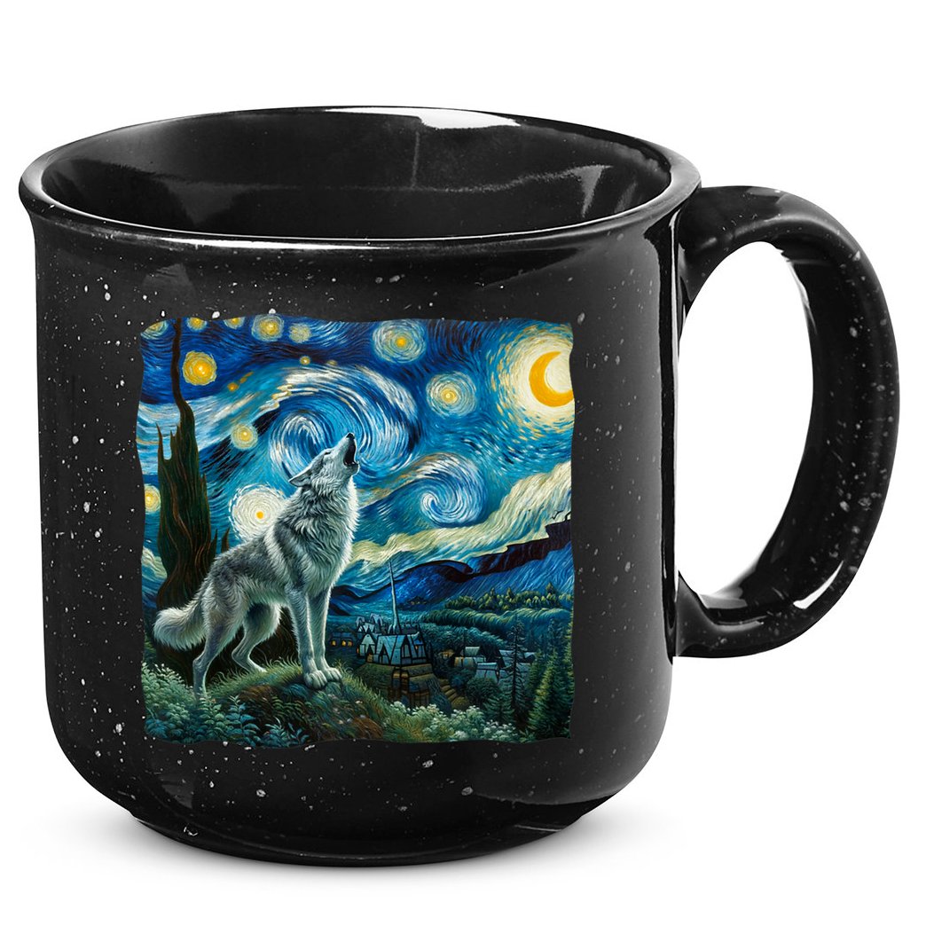 Wolf Starry Night Howling Moon Funny Gifts Van Gogh 15oz Campfire Ceramic Mug