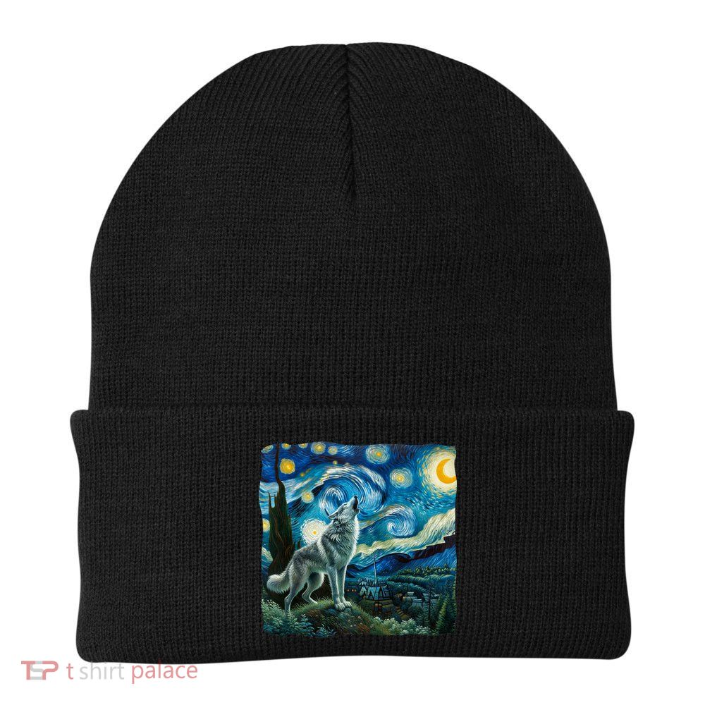 Wolf Starry Night Howling Moon Funny Gifts Van Gogh Beanie