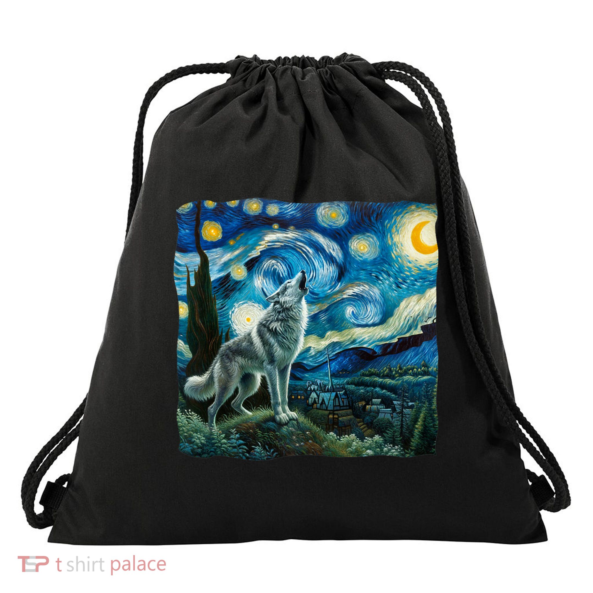 Wolf Starry Night Howling Moon Funny Gifts Van Gogh Drawstring Bag