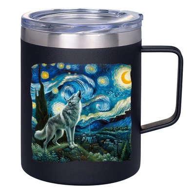 Wolf Starry Night Howling Moon Funny Gifts Van Gogh 12oz Stainless Steel Coffee Mug