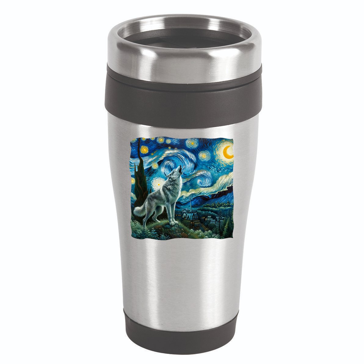 Wolf Starry Night Howling Moon Funny Gifts Van Gogh 16oz Travel Tumbler