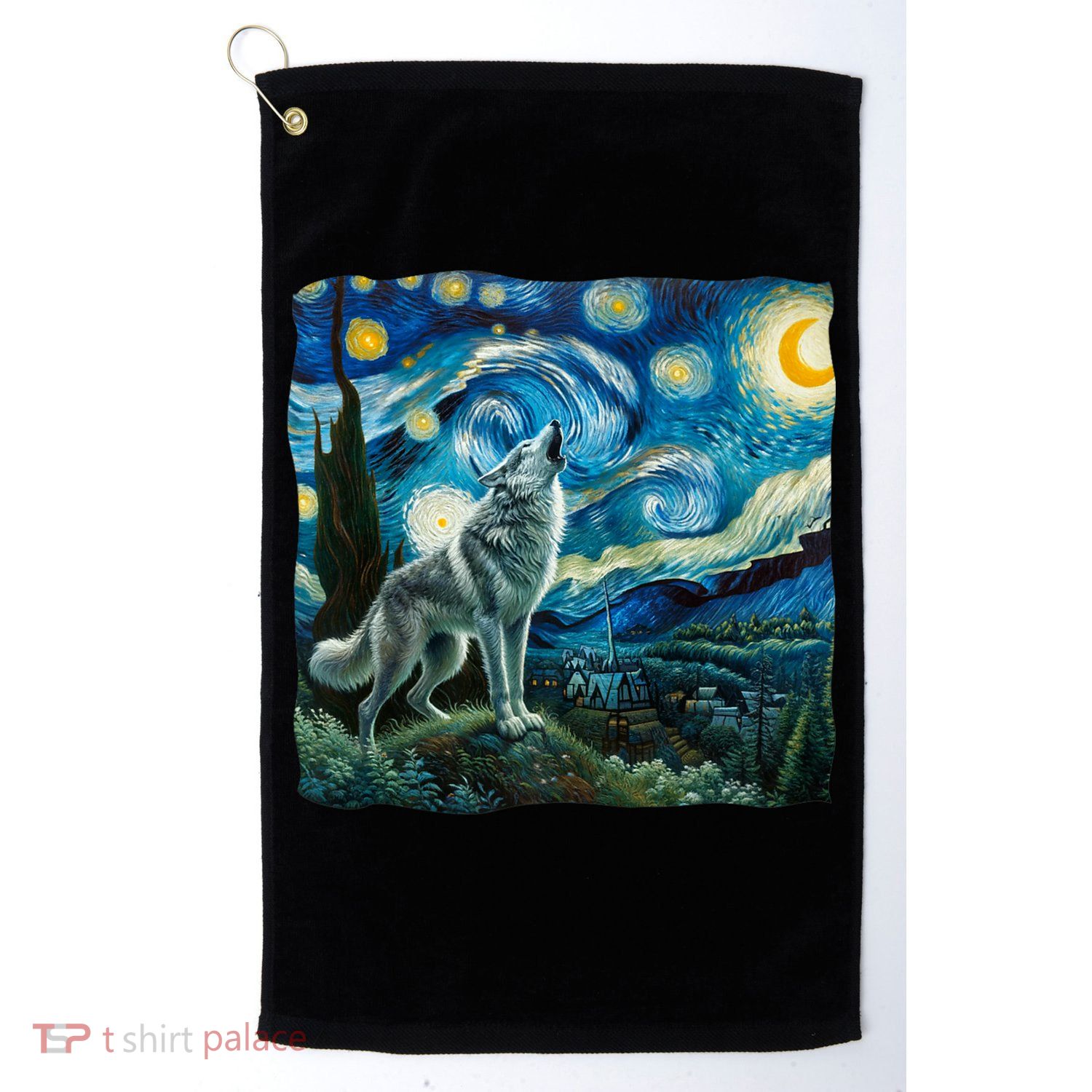 Wolf Starry Night Howling Moon Funny Gifts Van Gogh Golf Towel