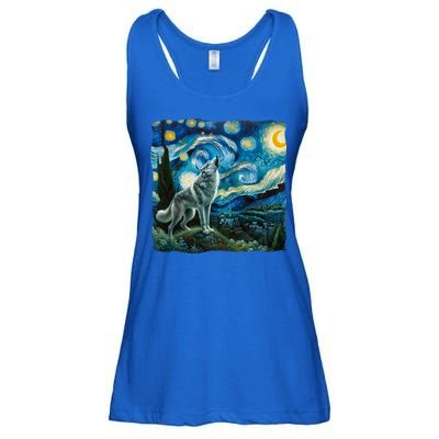 Wolf Starry Night Howling Moon Funny Gifts Van Gogh Ladies Essential Flowy Tank