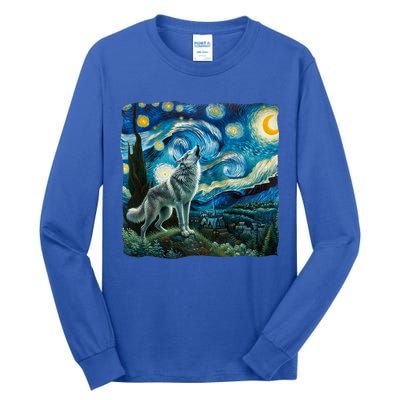 Wolf Starry Night Howling Moon Funny Gifts Van Gogh Tall Long Sleeve T-Shirt