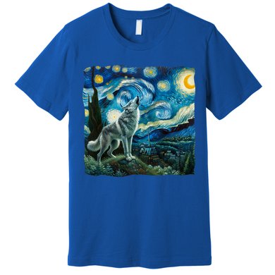 Wolf Starry Night Howling Moon Funny Gifts Van Gogh Premium T-Shirt