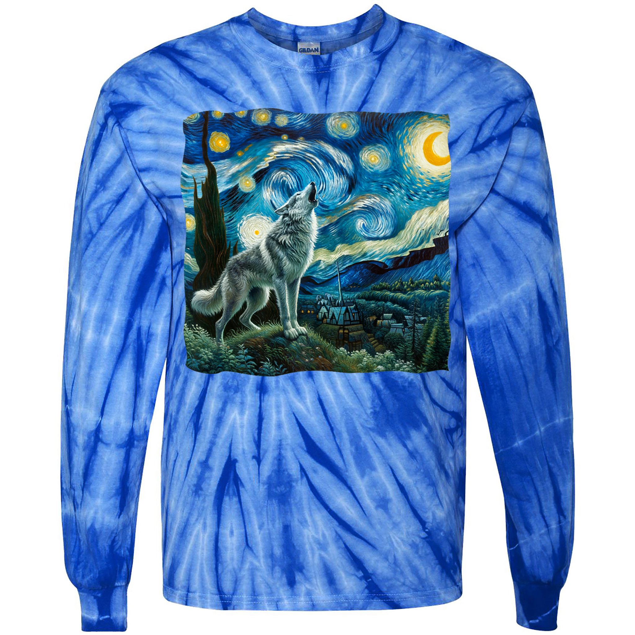Wolf Starry Night Howling Moon Funny Gifts Van Gogh Tie-Dye Long Sleeve Shirt
