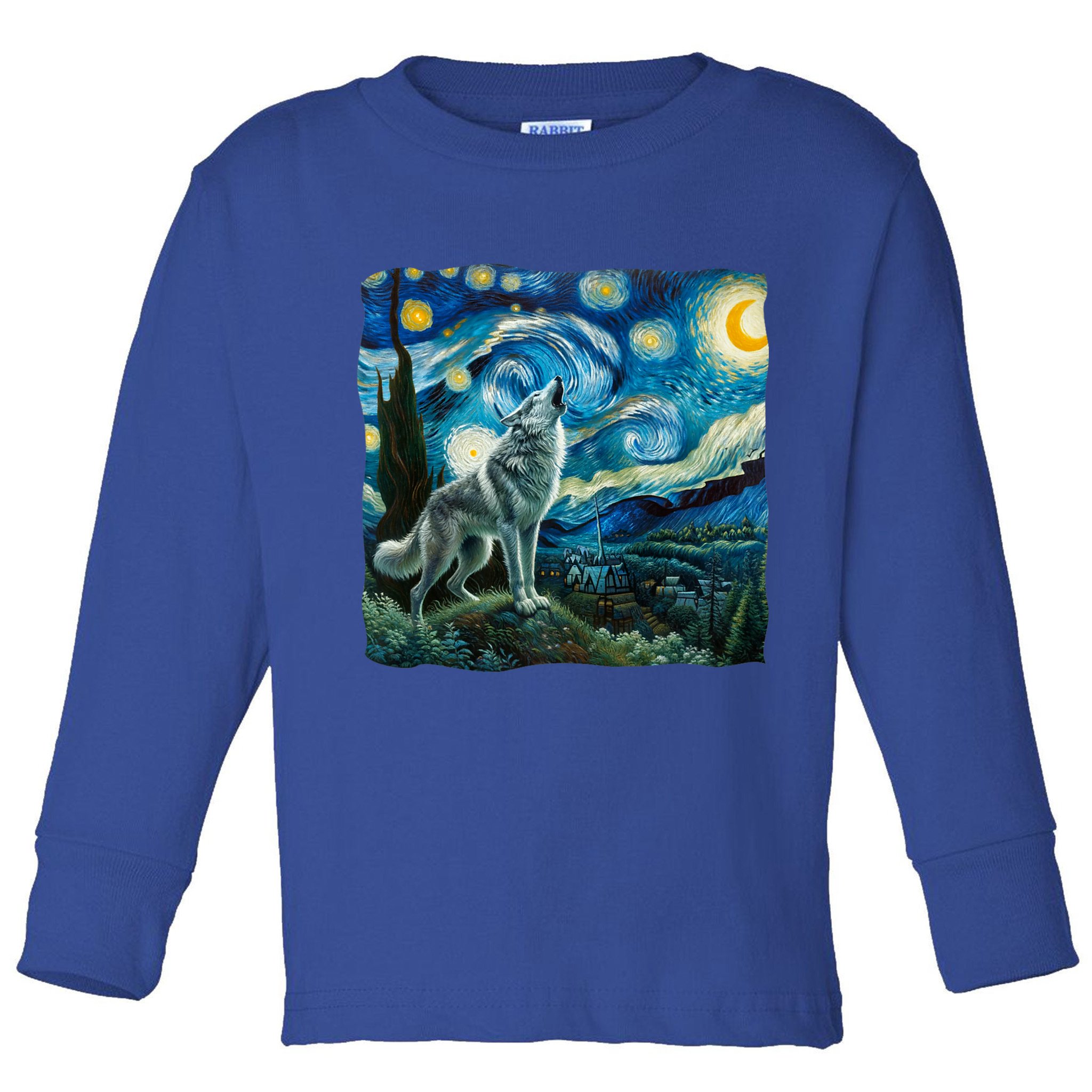 Wolf Starry Night Howling Moon Funny Gifts Van Gogh Toddler Long Sleeve Shirt