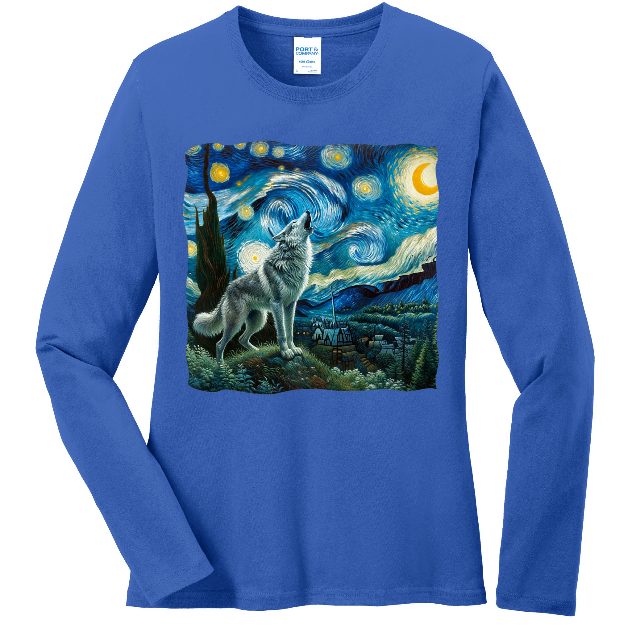 Wolf Starry Night Howling Moon Funny Gifts Van Gogh Ladies Long Sleeve Shirt