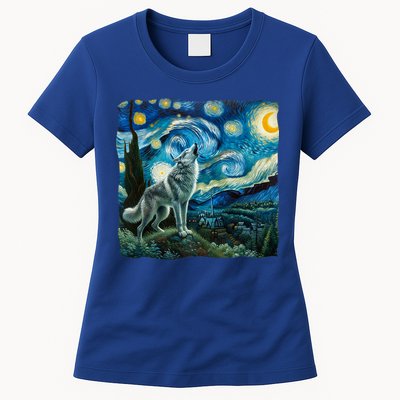 Wolf Starry Night Howling Moon Funny Gifts Van Gogh Womens T-Shirt