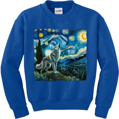 Wolf Starry Night Howling Moon Funny Gifts Van Gogh Kids Sweatshirt