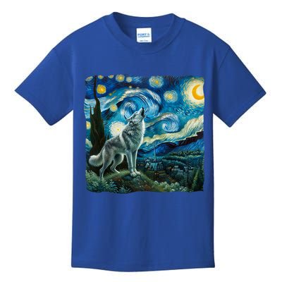 Wolf Starry Night Howling Moon Funny Gifts Van Gogh Kids T-Shirt