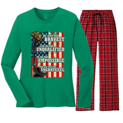 We Sent Our Bravest Support Military Veterans USA Flag Women's Long Sleeve Flannel Pajama Set 