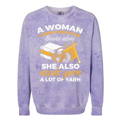 Woman Survives On Books Yarn Knitting Crochet Colorblast Crewneck Sweatshirt