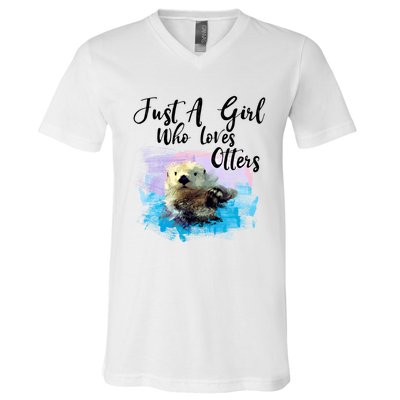 Watercolor Sea Otter Gift Who Loves Otters Cute Gift V-Neck T-Shirt