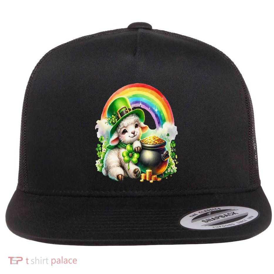 Watercolor St. PatrickS Day Leprechaun Lamb Rainbows Coins Flat Bill Trucker Hat