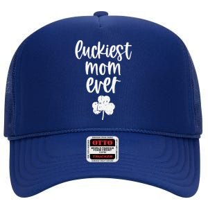 Womens St Patricks Day Cute Gift For Mother Mommy Luckiest Mom Ever High Crown Mesh Back Trucker Hat