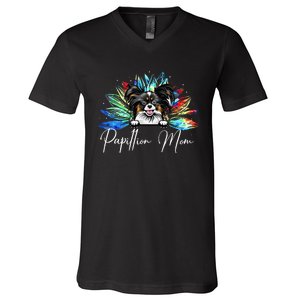 Wo Sunflower Papillion Mom Tie Dye Dog Lover V-Neck T-Shirt