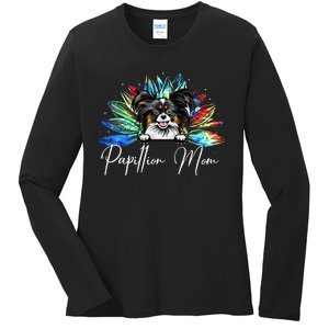 Wo Sunflower Papillion Mom Tie Dye Dog Lover Ladies Long Sleeve Shirt