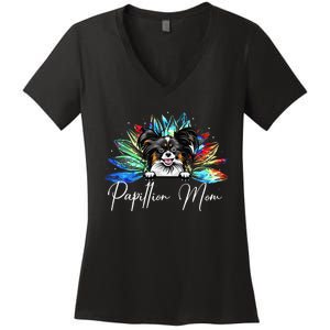 Wo Sunflower Papillion Mom Tie Dye Dog Lover Women's V-Neck T-Shirt