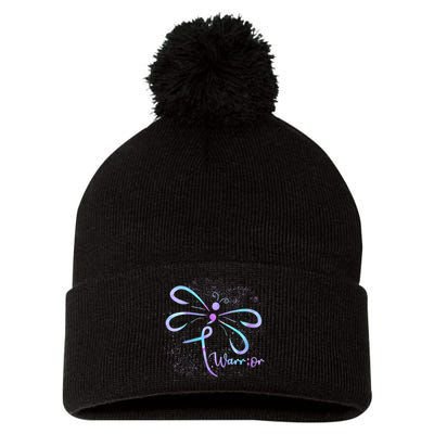 Wo Suicide Prevention Awareness Dragonfly Semicolon Pom Pom 12in Knit Beanie