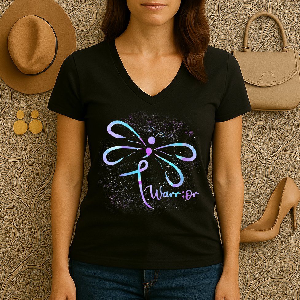 Wo Suicide Prevention Awareness Dragonfly Semicolon Women's V-Neck T-Shirt