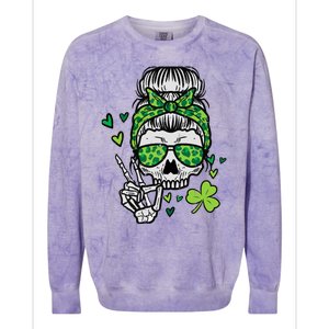 Wo St Patricks Day Skull Messy Bun Saint Pattys Paddys Wo Colorblast Crewneck Sweatshirt