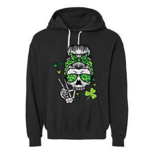 Wo St Patricks Day Skull Messy Bun Saint Pattys Paddys Wo Garment-Dyed Fleece Hoodie