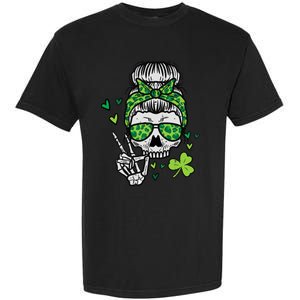 Wo St Patricks Day Skull Messy Bun Saint Pattys Paddys Wo Garment-Dyed Heavyweight T-Shirt