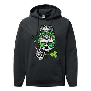 Wo St Patricks Day Skull Messy Bun Saint Pattys Paddys Wo Performance Fleece Hoodie