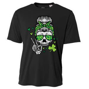 Wo St Patricks Day Skull Messy Bun Saint Pattys Paddys Wo Cooling Performance Crew T-Shirt