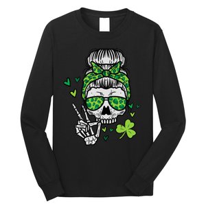 Wo St Patricks Day Skull Messy Bun Saint Pattys Paddys Wo Long Sleeve Shirt