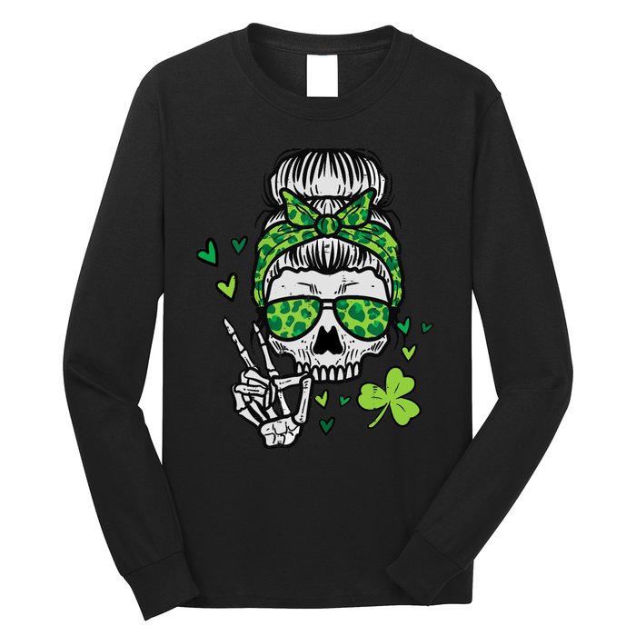 Wo St Patricks Day Skull Messy Bun Saint Pattys Paddys Wo Long Sleeve Shirt