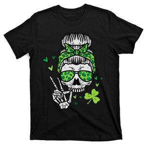 Wo St Patricks Day Skull Messy Bun Saint Pattys Paddys Wo T-Shirt