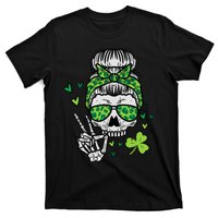 Wo St Patricks Day Skull Messy Bun Saint Pattys Paddys Wo T-Shirt