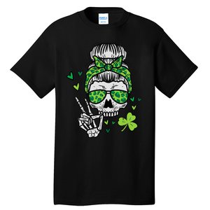 Wo St Patricks Day Skull Messy Bun Saint Pattys Paddys Wo Tall T-Shirt