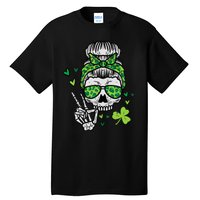 Wo St Patricks Day Skull Messy Bun Saint Pattys Paddys Wo Tall T-Shirt