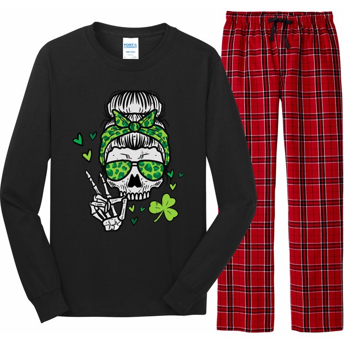 Wo St Patricks Day Skull Messy Bun Saint Pattys Paddys Wo Long Sleeve Pajama Set