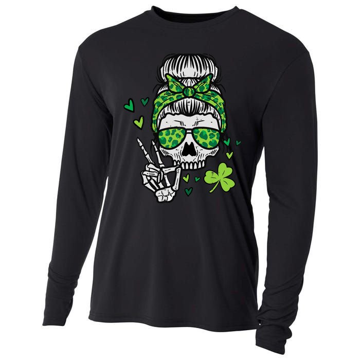 Wo St Patricks Day Skull Messy Bun Saint Pattys Paddys Wo Cooling Performance Long Sleeve Crew