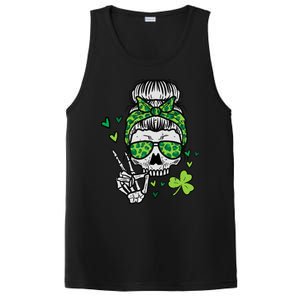 Wo St Patricks Day Skull Messy Bun Saint Pattys Paddys Wo PosiCharge Competitor Tank