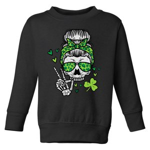 Wo St Patricks Day Skull Messy Bun Saint Pattys Paddys Wo Toddler Sweatshirt